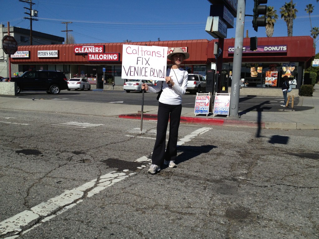 Linda Jones protest Venice Blvd. Potholes Caltrans