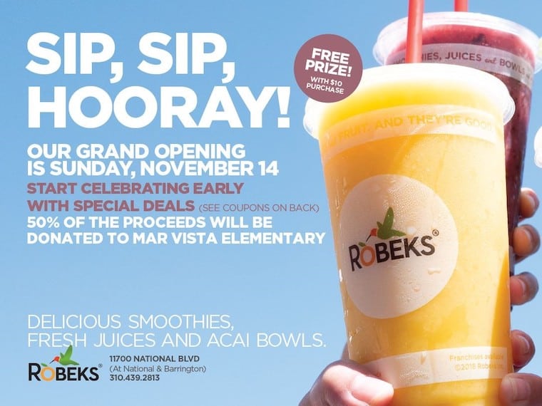 grand opening invitation robeks juice store in Mar Vista with pictures of juice