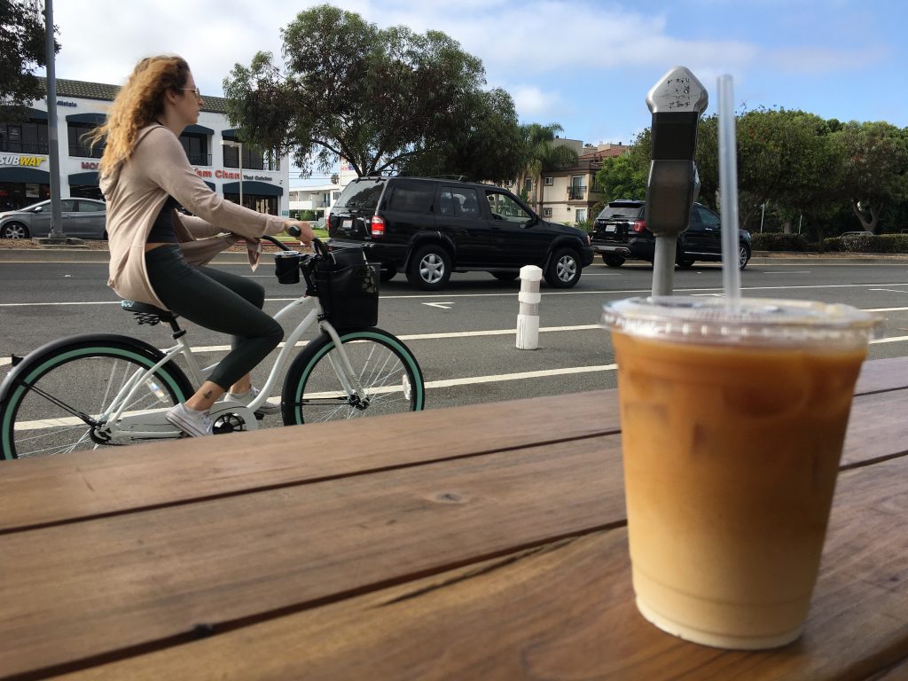 coffee at Alana's Coffee Roasters with bike in BG